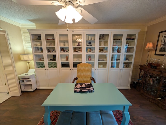 14453 Misty Meadow Ln, Houston, TX 77079 - dining space featuring ornamental molding, a textured ceiling, a ceiling fan, and dark wood finished floors