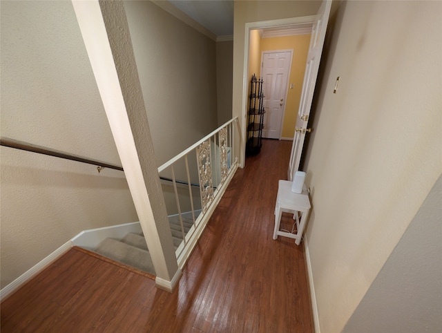 14453 Misty Meadow Ln, Houston, TX 77079 - stairway featuring wood finished floors, ornamental molding, and a baseboard heating unit