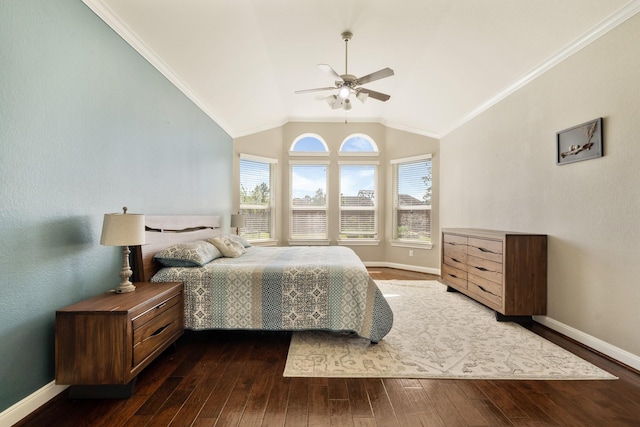 25611 Kearsley Dr, Katy, TX 77494 - bedroom featuring dark wood-type flooring, vaulted ceiling, crown molding, and a ceiling fan