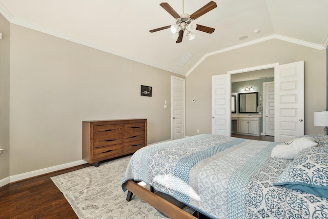 25611 Kearsley Dr, Katy, TX 77494 - bedroom featuring wood finished floors, vaulted ceiling, a ceiling fan, crown molding, and ensuite bath
