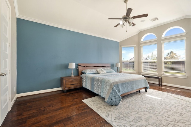 25611 Kearsley Dr, Katy, TX 77494 - bedroom with ornamental molding, vaulted ceiling, wood finished floors, and ceiling fan