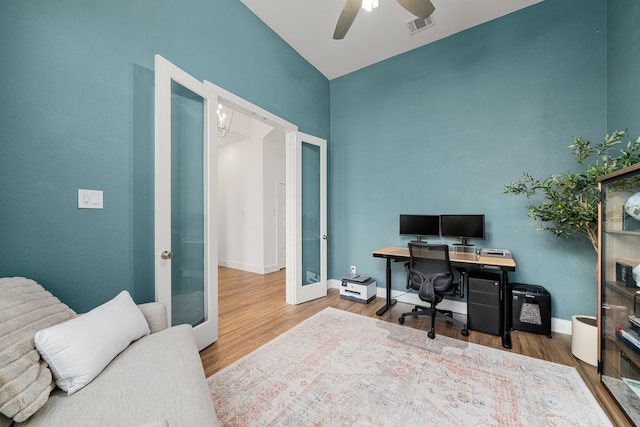 3019 Bluestem Rd, Katy, TX 77493 - office space featuring wood finished floors, a ceiling fan, and french doors