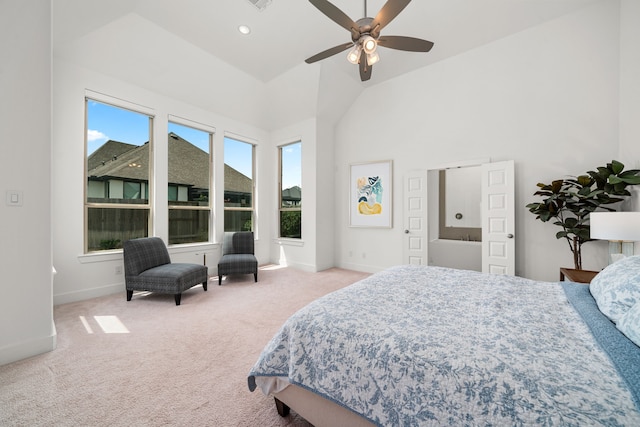 3019 Bluestem Rd, Katy, TX 77493 - bedroom with carpet, high vaulted ceiling, and a ceiling fan