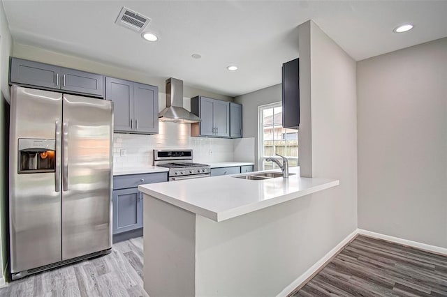 7918 Battleoak Dr, Houston, TX 77040 - kitchen with appliances with stainless steel finishes, wall chimney exhaust hood, light wood finished floors, gray cabinetry, and light countertops