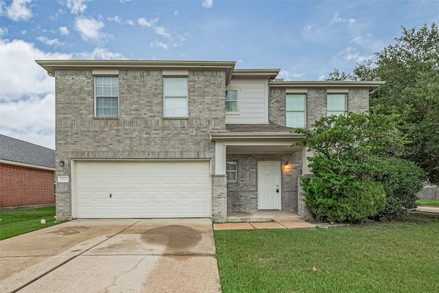 2123 Gable Hollow Ln, Katy, TX 77450 - view of front of home with an attached garage, concrete driveway, a front yard, and brick siding