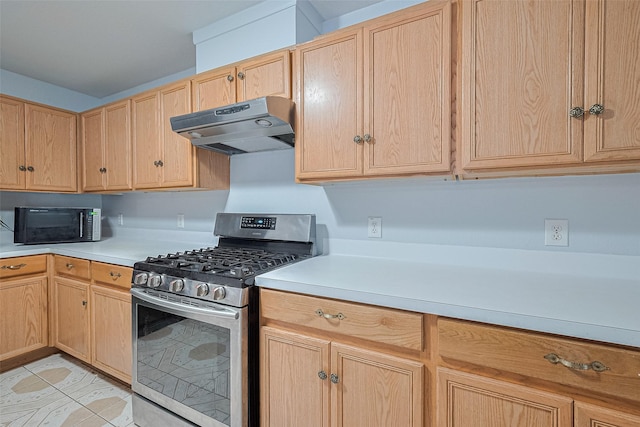 2123 Gable Hollow Ln, Katy, TX 77450 - kitchen featuring stainless steel range with gas cooktop, exhaust hood, black microwave, light brown cabinetry, and light countertops