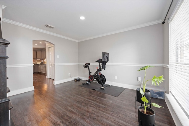 6319 Founding Dr, Katy, TX 77449 - workout room with arched walkways, dark wood-style flooring, crown molding, and recessed lighting