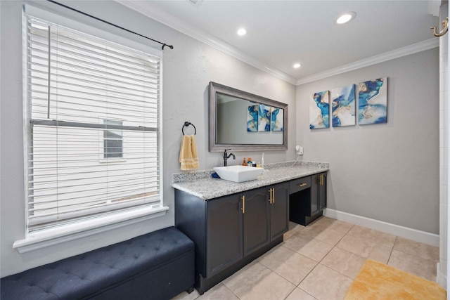 6319 Founding Dr, Katy, TX 77449 - bar area with crown molding, light tile patterned flooring, and recessed lighting