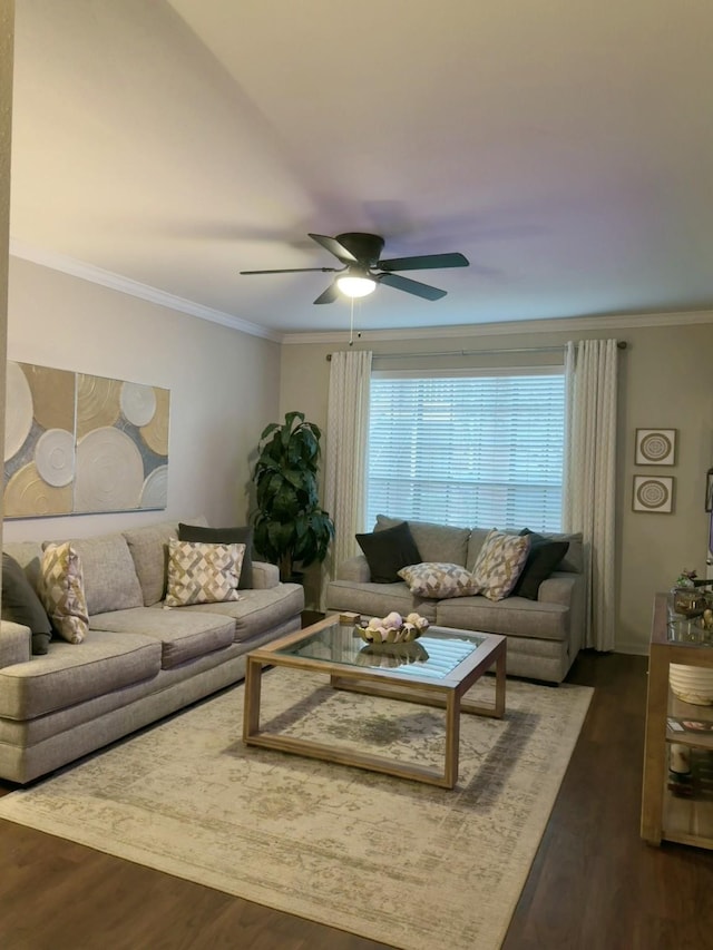 2255 Braeswood Park Dr Unit 145, Houston, TX 77030 - living area featuring a ceiling fan, crown molding, and dark wood-style floors