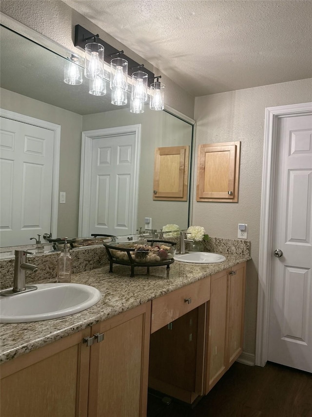 2255 Braeswood Park Dr Unit 145, Houston, TX 77030 - full bathroom featuring double vanity, wood finished floors, and a textured ceiling