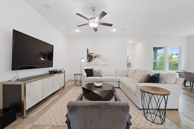 18615 Parkland Xing, Cypress, TX 77433 - living room featuring light wood finished floors, ceiling fan, and recessed lighting