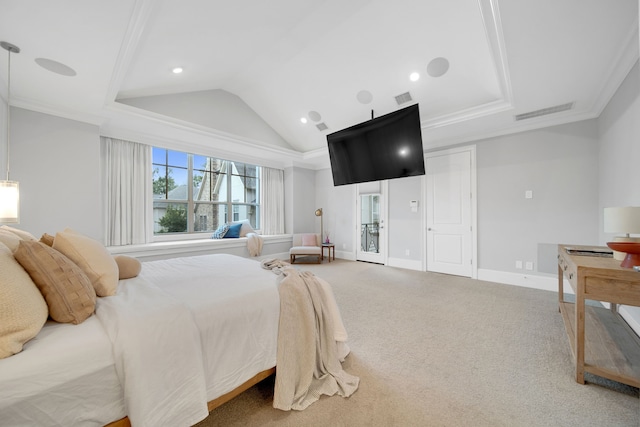 1302 Westview Garden Ct, Houston, TX 77055 - carpeted bedroom with lofted ceiling, ornamental molding, and recessed lighting