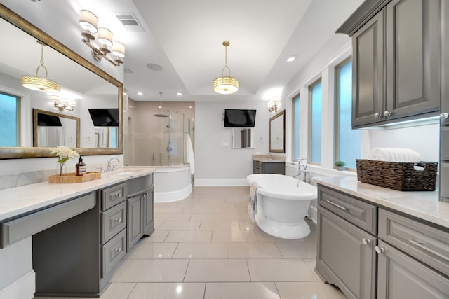 1302 Westview Garden Ct, Houston, TX 77055 - full bath featuring a stall shower, vanity, a freestanding bath, tile patterned flooring, and recessed lighting