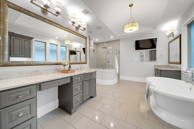 1302 Westview Garden Ct, Houston, TX 77055 - full bathroom featuring a shower stall, a freestanding bath, vanity, tile patterned floors, and lofted ceiling