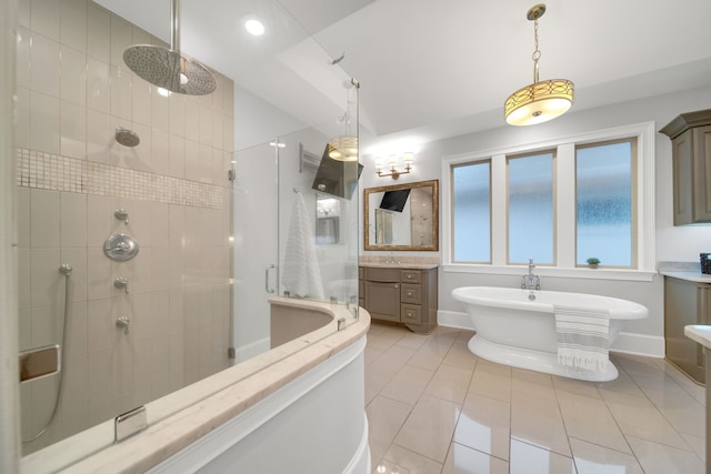 1302 Westview Garden Ct, Houston, TX 77055 - full bathroom featuring a shower stall, a freestanding bath, vanity, and tile patterned flooring
