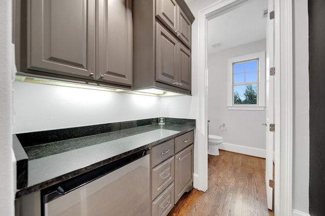 1302 Westview Garden Ct, Houston, TX 77055 - kitchen with light wood-type flooring, gray cabinetry, and dishwasher