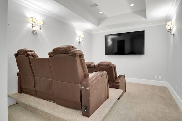 1302 Westview Garden Ct, Houston, TX 77055 - home theater featuring carpet floors, a tray ceiling, recessed lighting, and ornamental molding