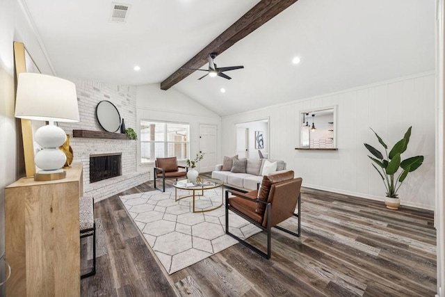 5515 Dumfries Dr, Houston, TX 77096 - living room featuring a brick fireplace, a ceiling fan, dark wood-style flooring, and recessed lighting