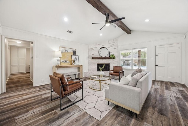 5515 Dumfries Dr, Houston, TX 77096 - living room featuring a brick fireplace, wood finished floors, and a ceiling fan
