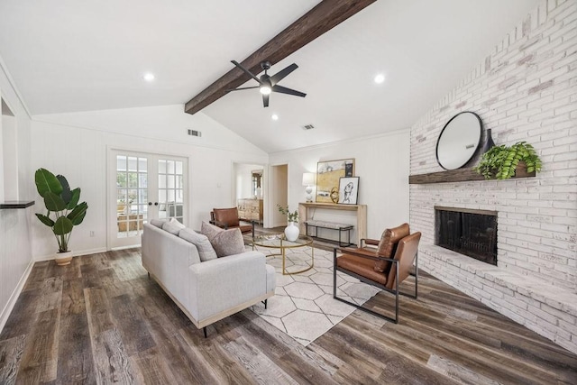 5515 Dumfries Dr, Houston, TX 77096 - living room with wood finished floors, a fireplace, ceiling fan, french doors, and recessed lighting