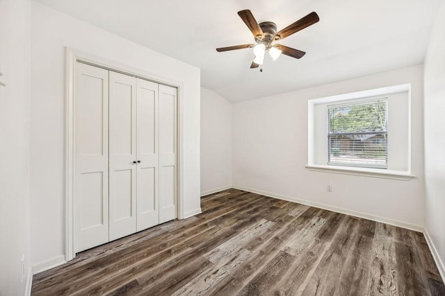 5515 Dumfries Dr, Houston, TX 77096 - unfurnished bedroom featuring wood finished floors, a closet, lofted ceiling, and ceiling fan