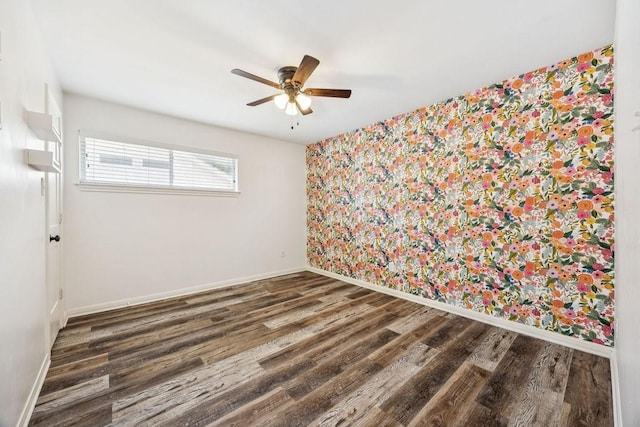 5515 Dumfries Dr, Houston, TX 77096 - empty room featuring a ceiling fan, wood finished floors, and wallpapered walls