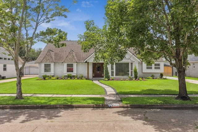 5515 Dumfries Dr, Houston, TX 77096 - view of front of home featuring brick siding, a front lawn, and a shingled roof