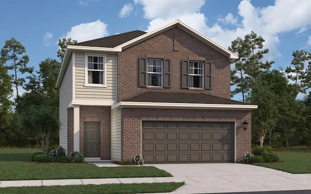 452 Harlow Dr, Montgomery, TX 77316 - traditional-style home with an attached garage, brick siding, concrete driveway, and a front yard