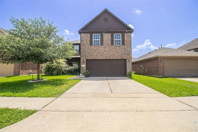 8222 Pastel Dawn Trce, Houston, TX 77049 - traditional-style home with brick siding, a front yard, and concrete driveway