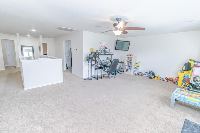 8222 Pastel Dawn Trce, Houston, TX 77049 - recreation room featuring a ceiling fan and light carpet