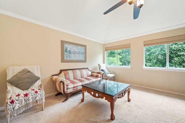 16018 Lower Lake Dr, Cypress, TX 77433 - living area with carpet flooring, vaulted ceiling, ceiling fan, and crown molding
