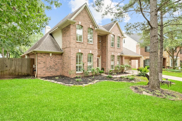 16018 Lower Lake Dr, Cypress, TX 77433 - view of front of house featuring brick siding, a chimney, and roof with shingles