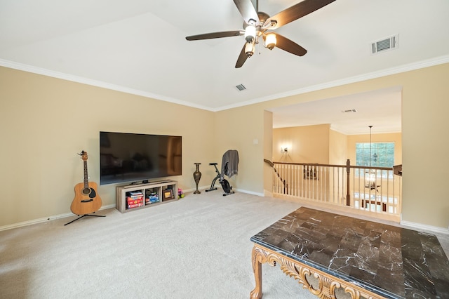 16018 Lower Lake Dr, Cypress, TX 77433 - living area with crown molding, ceiling fan, and carpet floors