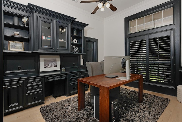 26 W Fairbranch Cir, The Woodlands, TX 77382 - office with ceiling fan, ornamental molding, and light wood-style flooring