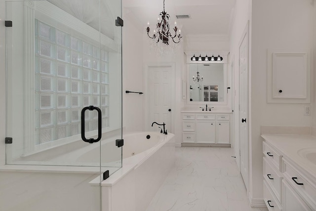 26 W Fairbranch Cir, The Woodlands, TX 77382 - bathroom featuring marble finish flooring, two vanities, a bath, a chandelier, and a shower stall