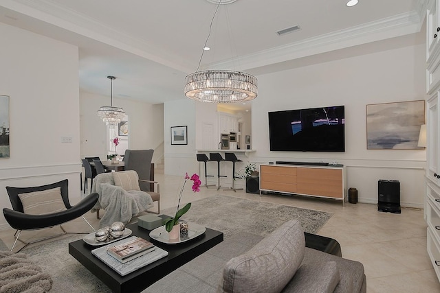 26 W Fairbranch Cir, The Woodlands, TX 77382 - living area featuring a chandelier, crown molding, recessed lighting, and light tile patterned flooring