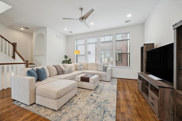 1408 Ruthven St, Houston, TX 77019 - living area with a ceiling fan, wood finished floors, stairway, and recessed lighting