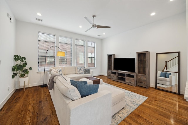 1408 Ruthven St, Houston, TX 77019 - living room with a ceiling fan, wood finished floors, recessed lighting, and stairway