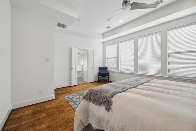 1408 Ruthven St, Houston, TX 77019 - bedroom with a raised ceiling, wood finished floors, ceiling fan, and recessed lighting