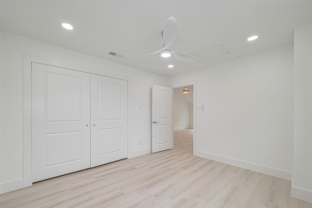 17802 Poppy Trails Ln, Houston, TX 77084 - unfurnished bedroom featuring light wood-type flooring, a closet, recessed lighting, and a ceiling fan