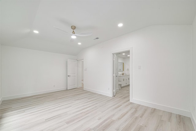 17802 Poppy Trails Ln, Houston, TX 77084 - unfurnished room with vaulted ceiling, recessed lighting, light wood-style floors, and a ceiling fan