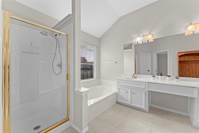 3406 Mcmahon Way, Missouri City, TX 77459 - bathroom with a garden tub, a shower stall, vanity, tile patterned flooring, and lofted ceiling