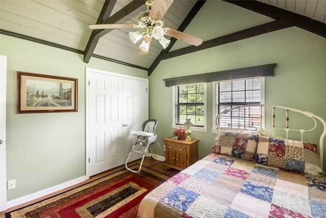 24917 W Christine Dr, Splendora, TX 77372 - bedroom featuring dark wood finished floors, ceiling fan, a closet, and wood ceiling