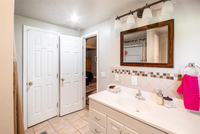 24917 W Christine Dr, Splendora, TX 77372 - full bath with vanity, backsplash, tile patterned floors, and curtained shower