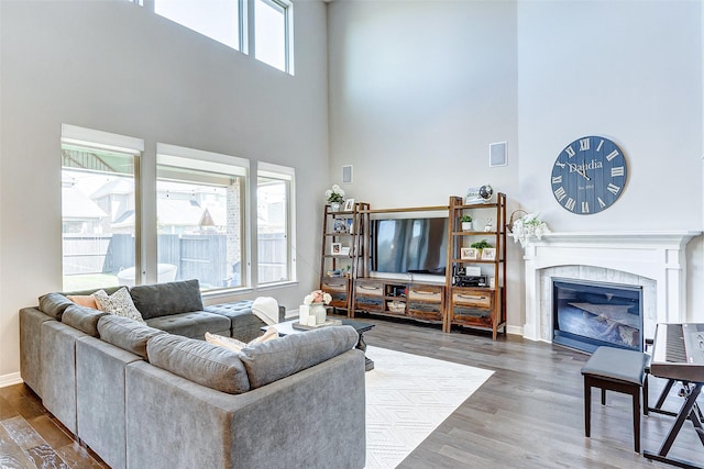 28606 Royal Pines Ct, Fulshear, TX 77441 - living area featuring a high ceiling, wood finished floors, and a fireplace