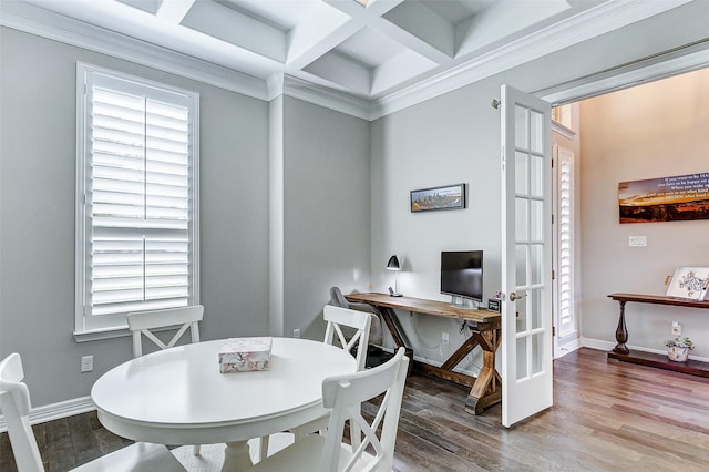 28606 Royal Pines Ct, Fulshear, TX 77441 - office area featuring wood finished floors, coffered ceiling, beam ceiling, french doors, and ornamental molding