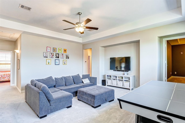 28606 Royal Pines Ct, Fulshear, TX 77441 - living room featuring a ceiling fan, light carpet, and attic access