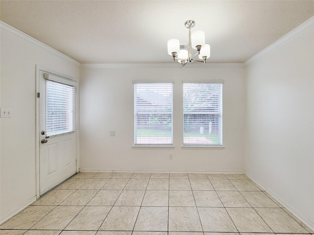 15311 Streetcar Ct, Cypress, TX 77429 - spare room with crown molding, plenty of natural light, a chandelier, a textured ceiling, and light tile patterned flooring