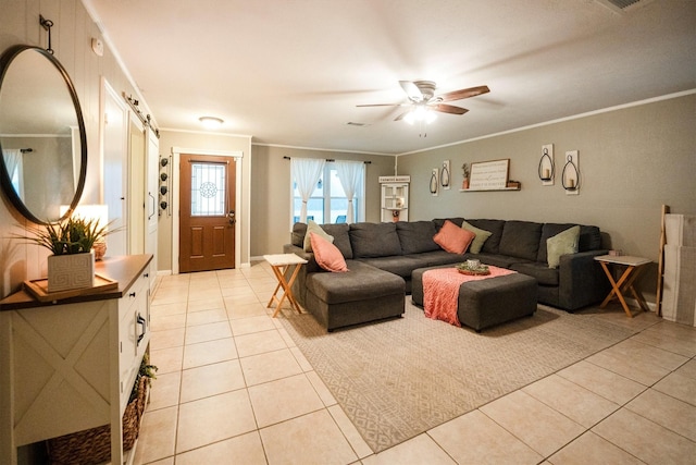 15638 Charolais Dr, Cypress, TX 77429 - living room featuring light tile patterned flooring, ornamental molding, and ceiling fan