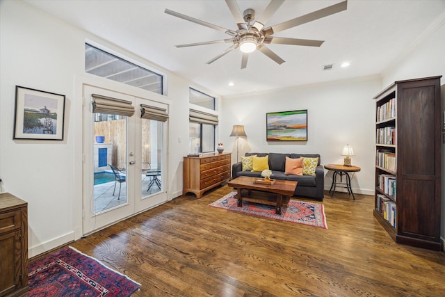 6410 Rodrigo St Unit B, Houston, TX 77007 - living room featuring french doors, wood finished floors, ceiling fan, and recessed lighting
